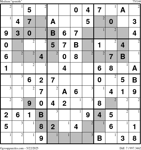 The grouppuzzles.com Medium tpsmith puzzle for Thursday May 22, 2025 with the first 3 steps marked