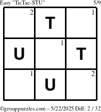 The grouppuzzles.com Easy TicTac-STU puzzle for Thursday May 22, 2025 with the first 2 steps marked