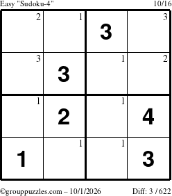 The grouppuzzles.com Easy Sudoku-4 puzzle for Thursday October 1, 2026 with the first 3 steps marked