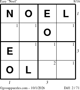 The grouppuzzles.com Easy Noel puzzle for Thursday October 1, 2026 with all 2 steps marked