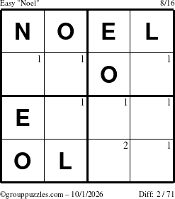 The grouppuzzles.com Easy Noel puzzle for Thursday October 1, 2026 with the first 2 steps marked