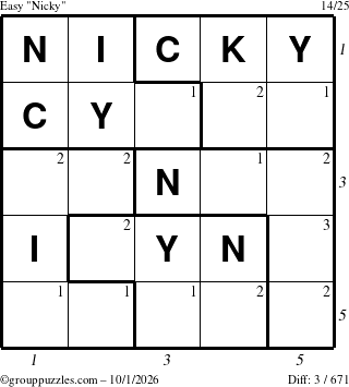 The grouppuzzles.com Easy Nicky puzzle for Thursday October 1, 2026, suitable for printing, with all 3 steps marked