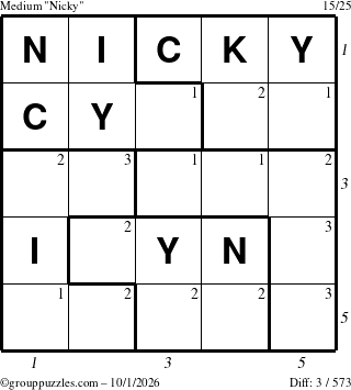 The grouppuzzles.com Medium Nicky puzzle for Thursday October 1, 2026 with all 3 steps marked