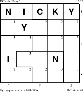 The grouppuzzles.com Difficult Nicky puzzle for Thursday October 1, 2026 with all 4 steps marked