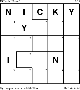 The grouppuzzles.com Difficult Nicky puzzle for Thursday October 1, 2026 with the first 3 steps marked