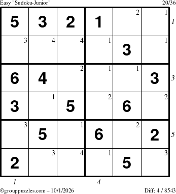 The grouppuzzles.com Easy Sudoku-Junior puzzle for Thursday October 1, 2026, suitable for printing, with all 4 steps marked