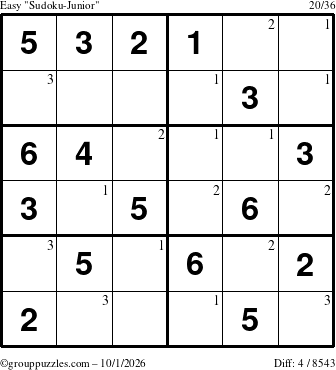 The grouppuzzles.com Easy Sudoku-Junior puzzle for Thursday October 1, 2026 with the first 3 steps marked