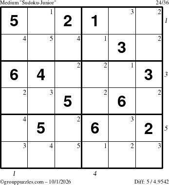 The grouppuzzles.com Medium Sudoku-Junior puzzle for Thursday October 1, 2026, suitable for printing, with all 5 steps marked