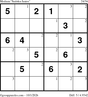 The grouppuzzles.com Medium Sudoku-Junior puzzle for Thursday October 1, 2026 with the first 3 steps marked