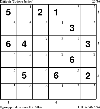 The grouppuzzles.com Difficult Sudoku-Junior puzzle for Thursday October 1, 2026 with all 6 steps marked
