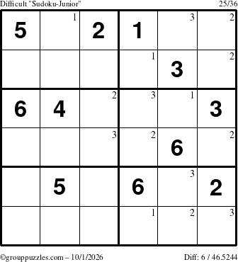 The grouppuzzles.com Difficult Sudoku-Junior puzzle for Thursday October 1, 2026 with the first 3 steps marked
