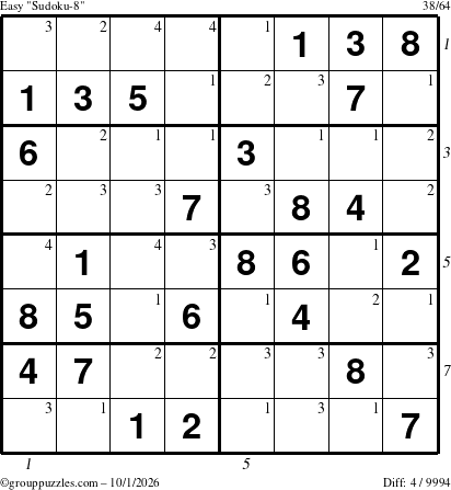 The grouppuzzles.com Easy Sudoku-8 puzzle for Thursday October 1, 2026, suitable for printing, with all 4 steps marked