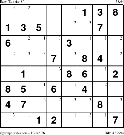 The grouppuzzles.com Easy Sudoku-8 puzzle for Thursday October 1, 2026 with the first 3 steps marked