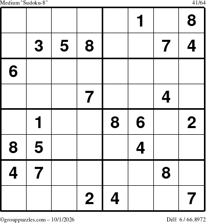 The grouppuzzles.com Medium Sudoku-8 puzzle for Thursday October 1, 2026