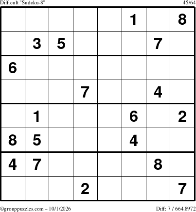 The grouppuzzles.com Difficult Sudoku-8 puzzle for Thursday October 1, 2026