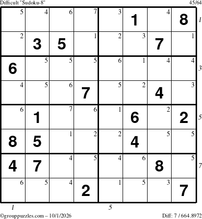 The grouppuzzles.com Difficult Sudoku-8 puzzle for Thursday October 1, 2026, suitable for printing, with all 7 steps marked