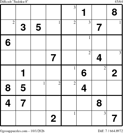 The grouppuzzles.com Difficult Sudoku-8 puzzle for Thursday October 1, 2026 with the first 3 steps marked
