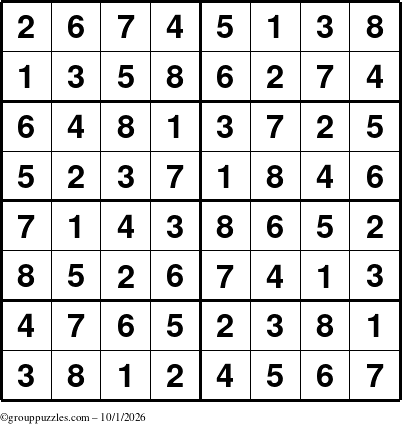 The grouppuzzles.com Answer grid for the Sudoku-8 puzzle for Thursday October 1, 2026