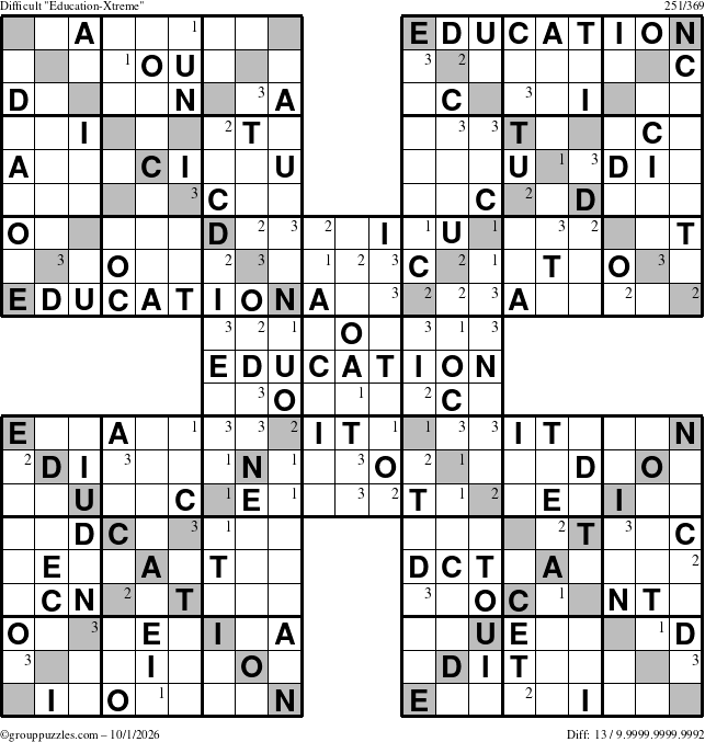 The grouppuzzles.com Difficult Education-Xtreme puzzle for Thursday October 1, 2026 with the first 3 steps marked