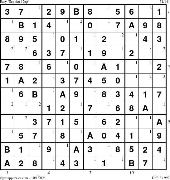 The grouppuzzles.com Easy Sudoku-12up puzzle for Thursday October 1, 2026, suitable for printing, with all 3 steps marked