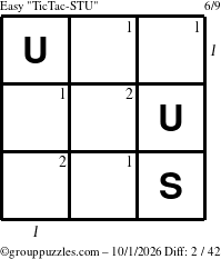 The grouppuzzles.com Easy TicTac-STU puzzle for Thursday October 1, 2026, suitable for printing, with all 2 steps marked