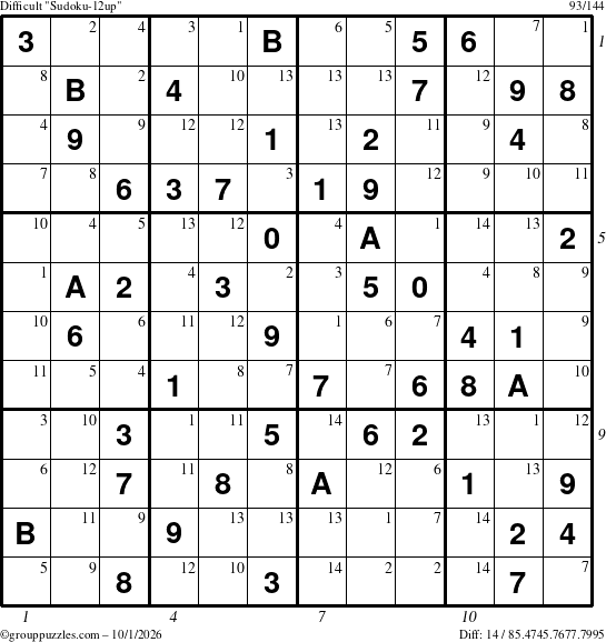 The grouppuzzles.com Difficult Sudoku-12up puzzle for Thursday October 1, 2026, suitable for printing, with all 14 steps marked