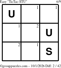 The grouppuzzles.com Easy TicTac-STU puzzle for Thursday October 1, 2026 with the first 2 steps marked