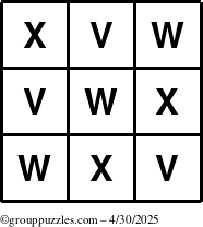 The grouppuzzles.com Answer grid for the TicTac-VWX puzzle for Wednesday April 30, 2025