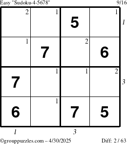 The grouppuzzles.com Easy Sudoku-4-5678 puzzle for Wednesday April 30, 2025 with all 2 steps marked