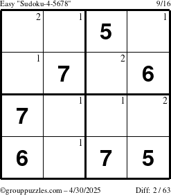 The grouppuzzles.com Easy Sudoku-4-5678 puzzle for Wednesday April 30, 2025 with the first 2 steps marked