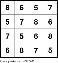 The grouppuzzles.com Answer grid for the Sudoku-4-5678 puzzle for Wednesday April 30, 2025