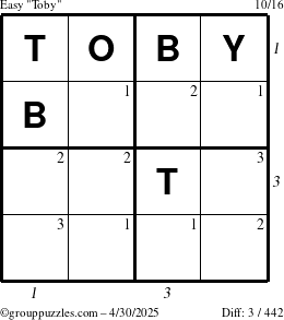 The grouppuzzles.com Easy Toby puzzle for Wednesday April 30, 2025 with all 3 steps marked