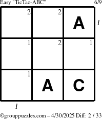 The grouppuzzles.com Easy TicTac-ABC puzzle for Wednesday April 30, 2025 with all 2 steps marked