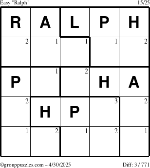 The grouppuzzles.com Easy Ralph puzzle for Wednesday April 30, 2025 with the first 3 steps marked