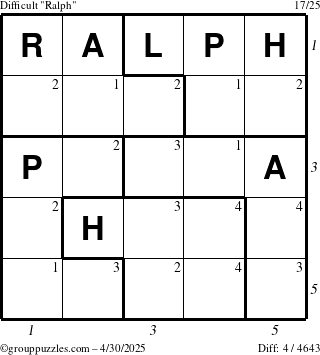The grouppuzzles.com Difficult Ralph puzzle for Wednesday April 30, 2025 with all 4 steps marked