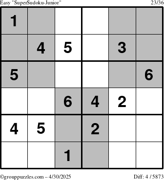 The grouppuzzles.com Easy SuperSudoku-Junior puzzle for Wednesday April 30, 2025
