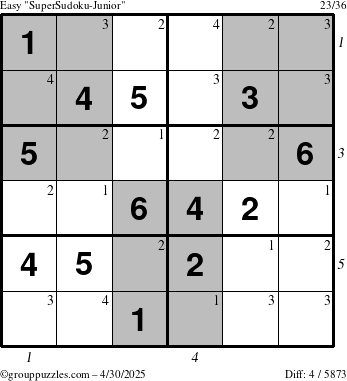 The grouppuzzles.com Easy SuperSudoku-Junior puzzle for Wednesday April 30, 2025 with all 4 steps marked