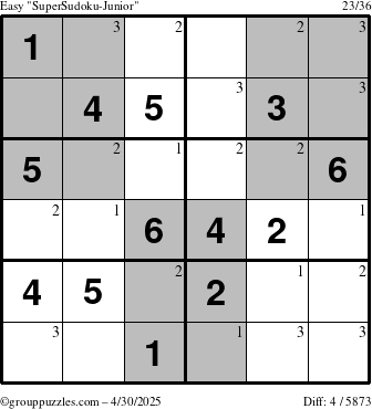 The grouppuzzles.com Easy SuperSudoku-Junior puzzle for Wednesday April 30, 2025 with the first 3 steps marked