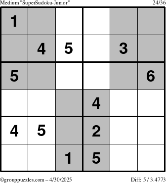The grouppuzzles.com Medium SuperSudoku-Junior puzzle for Wednesday April 30, 2025