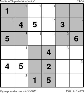 The grouppuzzles.com Medium SuperSudoku-Junior puzzle for Wednesday April 30, 2025 with the first 3 steps marked