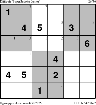 The grouppuzzles.com Difficult SuperSudoku-Junior puzzle for Wednesday April 30, 2025 with the first 3 steps marked