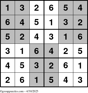 The grouppuzzles.com Answer grid for the SuperSudoku-Junior puzzle for Wednesday April 30, 2025