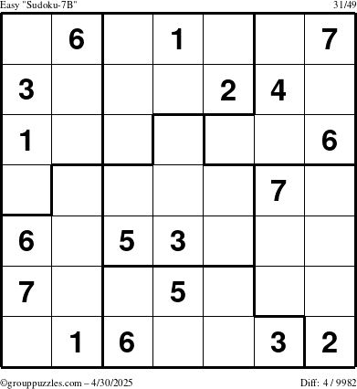 The grouppuzzles.com Easy Sudoku-7B puzzle for Wednesday April 30, 2025