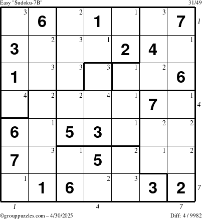 The grouppuzzles.com Easy Sudoku-7B puzzle for Wednesday April 30, 2025 with all 4 steps marked