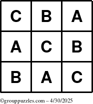 The grouppuzzles.com Answer grid for the TicTac-ABC puzzle for Wednesday April 30, 2025