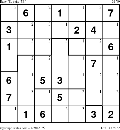 The grouppuzzles.com Easy Sudoku-7B puzzle for Wednesday April 30, 2025 with the first 3 steps marked