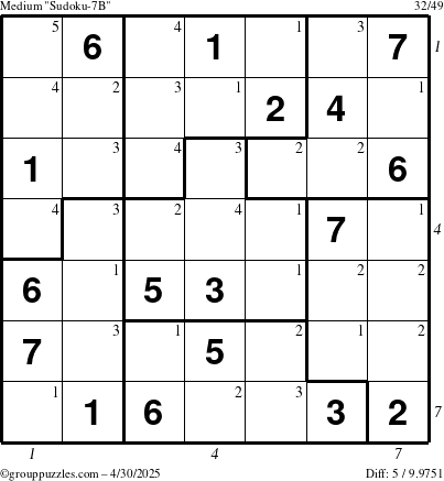 The grouppuzzles.com Medium Sudoku-7B puzzle for Wednesday April 30, 2025 with all 5 steps marked