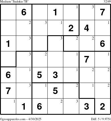 The grouppuzzles.com Medium Sudoku-7B puzzle for Wednesday April 30, 2025 with the first 3 steps marked