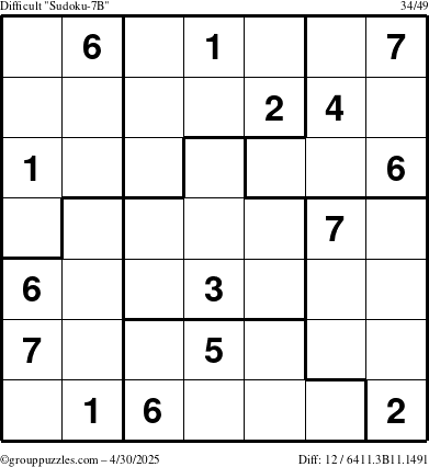 The grouppuzzles.com Difficult Sudoku-7B puzzle for Wednesday April 30, 2025