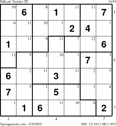 The grouppuzzles.com Difficult Sudoku-7B puzzle for Wednesday April 30, 2025 with all 12 steps marked